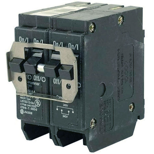 Cutler Hammer Quad Circuit Breaker, 15A/30A, 120/240V, 4-Pole, Plug-On Mount, 10kAIC, BR Series, Thermal Magnetic Trip, UL Listed