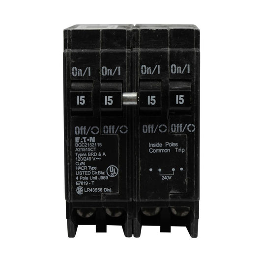 Cutler Hammer Quadplex Circuit Breaker, 20A/30A, 120/240V, 4-Pole, Plug-On, 10kAIC, BR Series, Thermal Magnetic Trip, UL 489