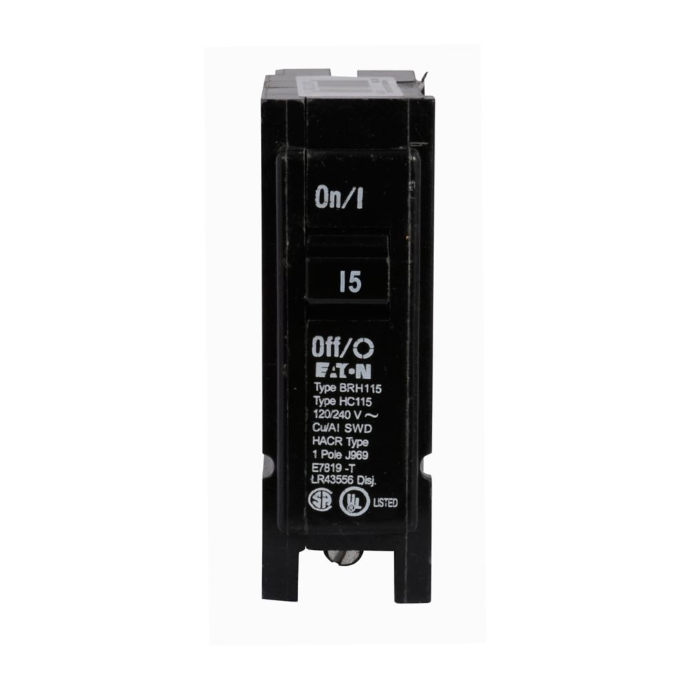 Cutler Hammer 15A 120/240V 1-Pole Type BR Plug-On Circuit Breaker, 22kA Interrupt, Thermal Magnetic Trip, UL 490 Certified