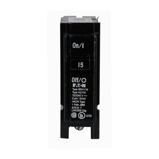 Cutler Hammer 15A 120/240V 1-Pole Type BR Plug-On Circuit Breaker, 22kA Interrupt, Thermal Magnetic Trip, UL 490 Certified