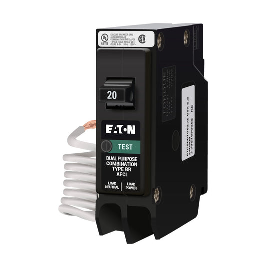 Eaton 20 Amp 120V 1-Pole Type BR AFCI Circuit Breaker, Plug-On Mount, 10kAIC, Thermal Magnetic Trip, UL Listed