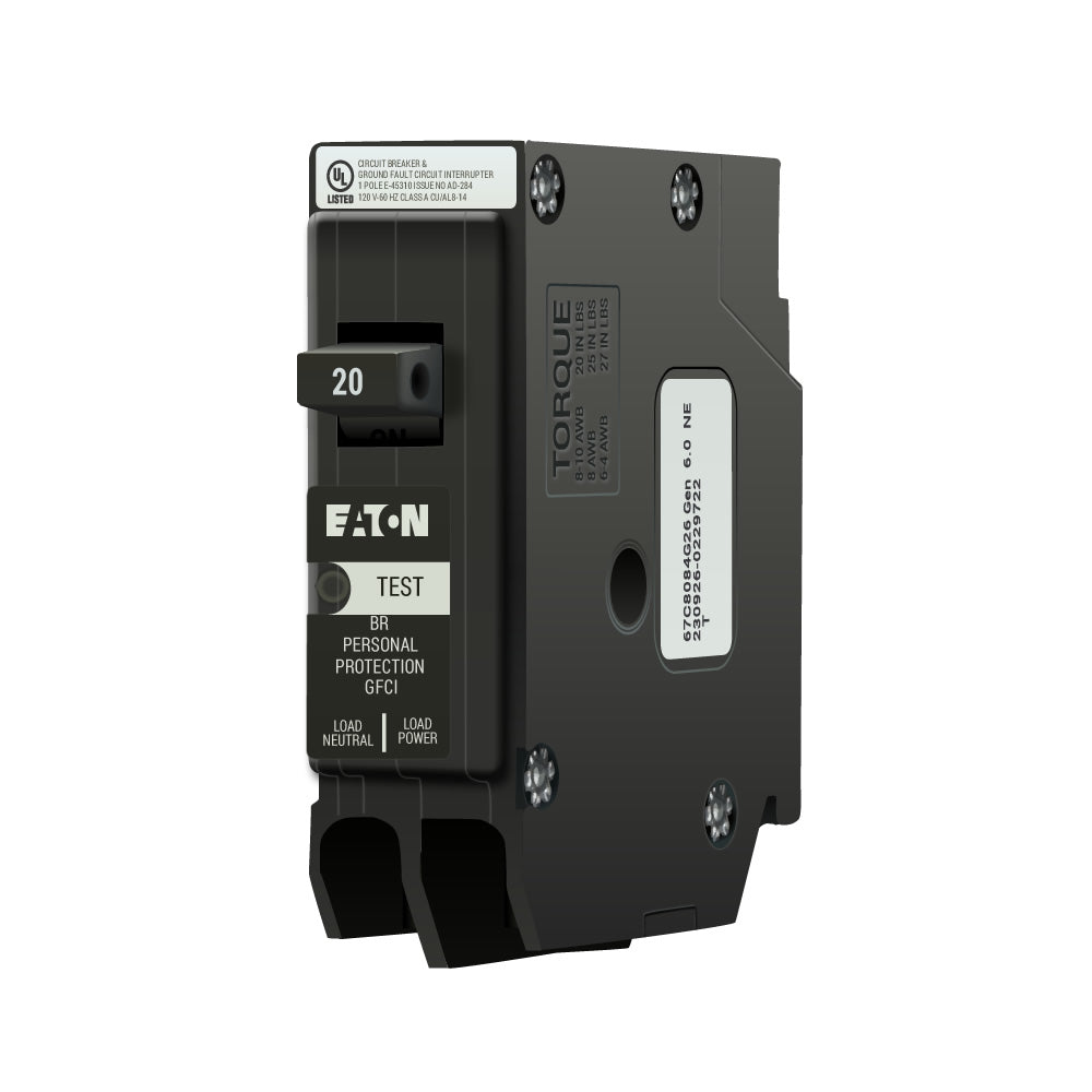 Eaton 20A 1-Pole 120/240V Plug-On GFCI Circuit Breaker, BRN Frame, 10 kAIC, Trip-to-Center, UL Listed