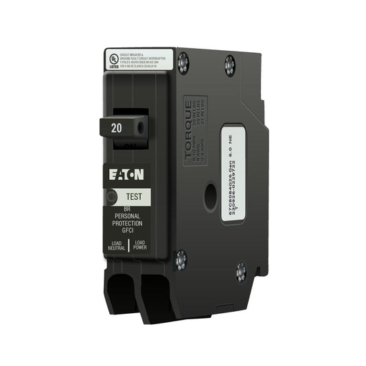 Eaton 20A 1-Pole 120/240V Plug-On GFCI Circuit Breaker, BRN Frame, 10 kAIC, Trip-to-Center, UL Listed