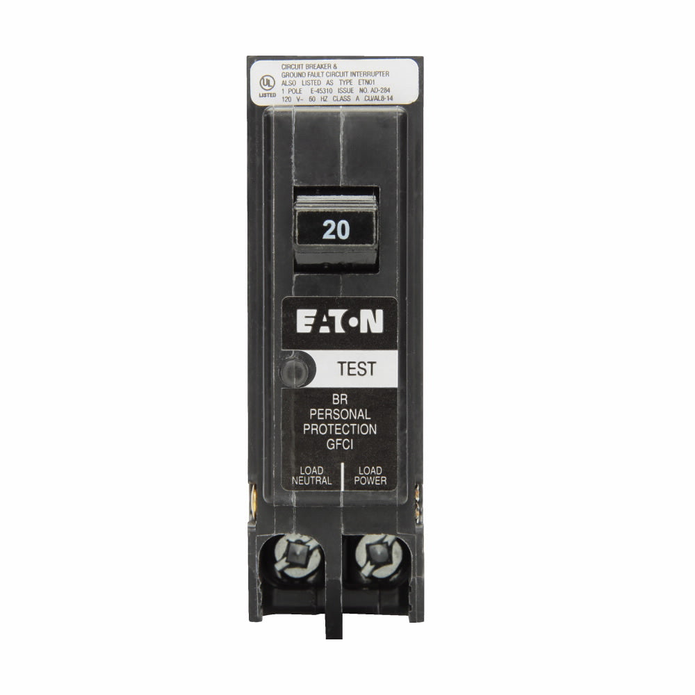 Eaton Cutler-Hammer 20 Amp 1 Pole 120/240V Plug-On GFCI Circuit Breaker, 10 kAIC, BR Series, Trip-to-Center, UL Listed