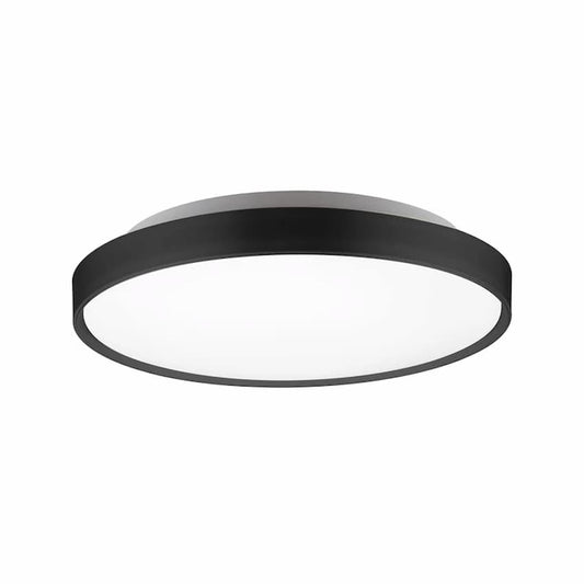Kuzco Brunswick FM43518 18-inch LED flush mount with circular steel base, glossy polymeric body and frosted acrylic diffuser