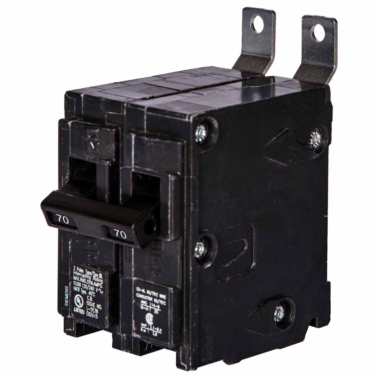Siemens 70 Amp 2 Pole 240V Bolt-On Molded Case Circuit Breaker, BL Series, 10 kAIC, CSA/UL Listed