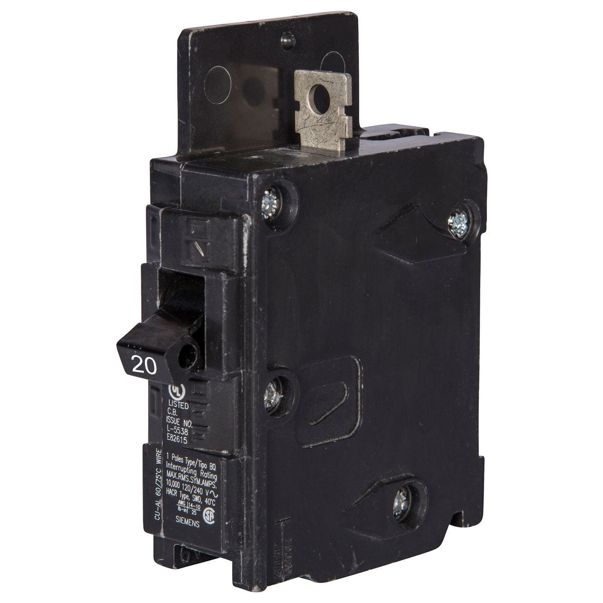 Siemens 20 Amp 1 Pole 120V Bolt-On Molded Case Circuit Breaker, Type BQ, 10kAIC, Thermal Magnetic Trip, UL/CSA/NOM