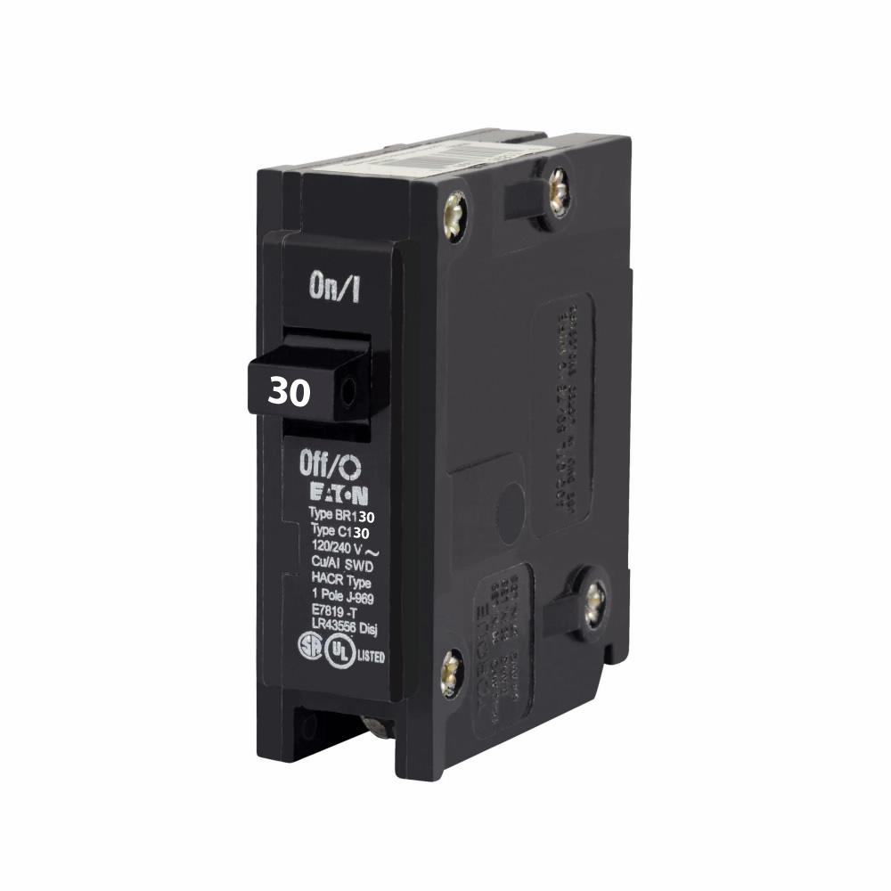 Eaton 30 Amp 1 Pole 120/240V Type BR Plug-On Circuit Breaker, 10kAIC, Thermal Magnetic Trip, UL Listed