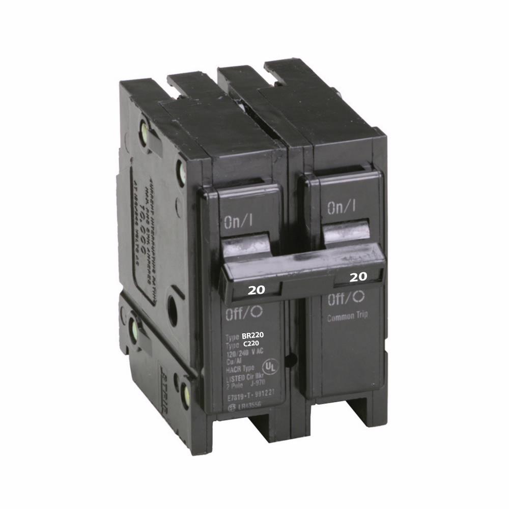 Eaton 20 Amp 2 Pole 120/240V Type BR Plug-On Circuit Breaker, 10kAIC, Thermal Magnetic Trip, UL/CSA Listed