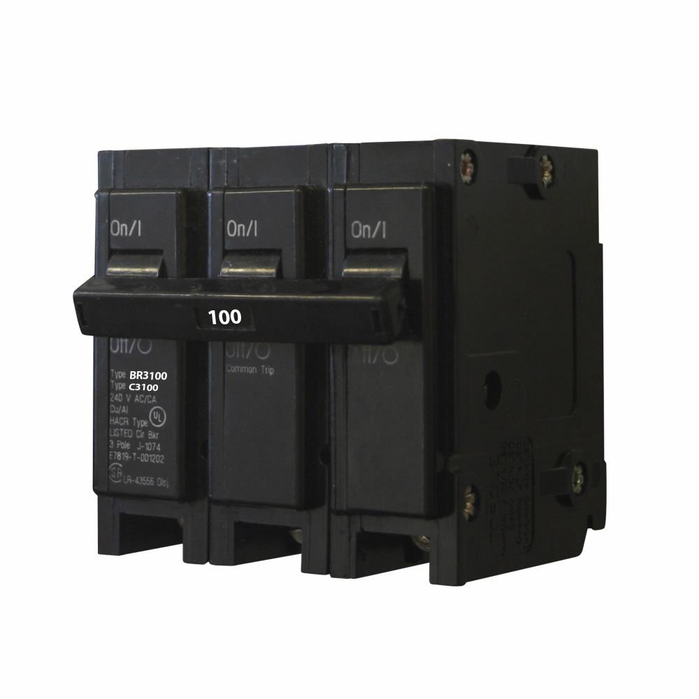 Cutler Hammer 100 Amp 3 Pole 120/240V Type BR Plug-On Circuit Breaker, 10 kAIC, Common Trip, UL 489, CSA Listed