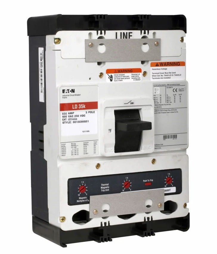 Cutler Hammer 600A 600V 3P L-Frame Molded Case Circuit Breaker, Series C, Thermal Magnetic Trip, UL 489, CSA, Feed-Thru Mounting, 35kAIC @ 480VAC, 65kAIC @ 240VAC