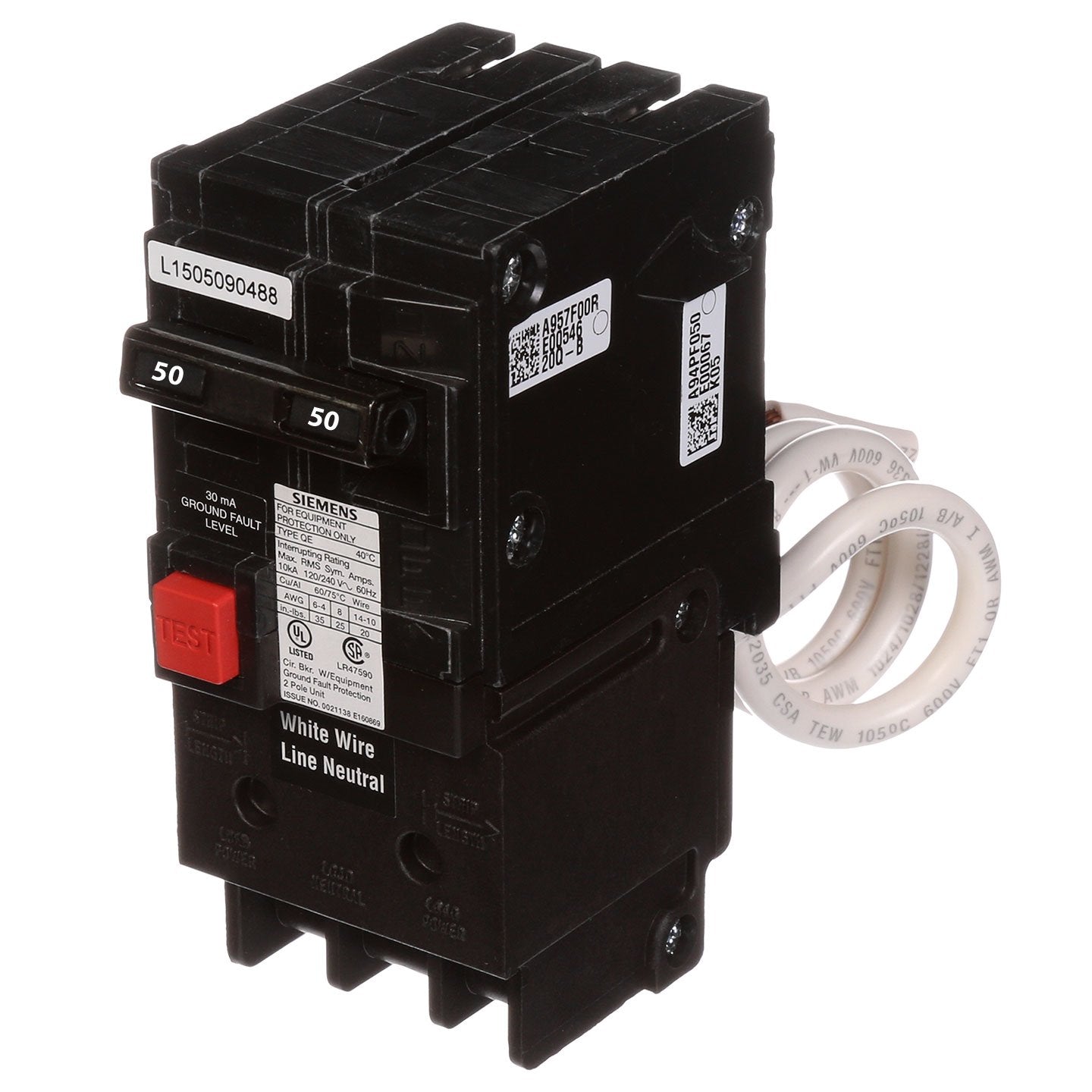 Siemens 50 Amp 2 Pole 120/240V Ground Fault Circuit Breaker Plug-In Frame Q