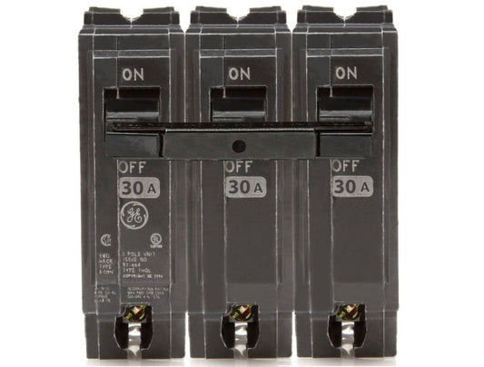 General Electric 3 Pole 30 Amp 240V Molded Case Circuit Breaker, THQL Series, 10kA Interrupt, Plug-In Mount, Non-Interchangeable Trip