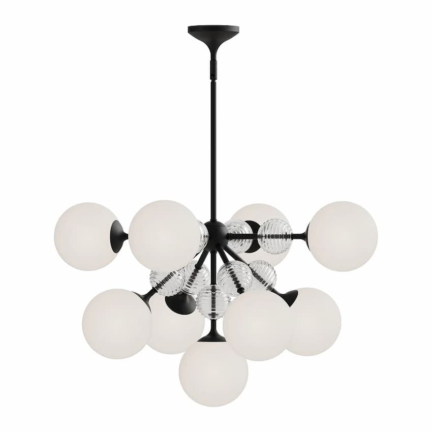 Alora Mood Celia CH415331BGOP 31-Inch Chandelier in Brushed Gold with Matte Opal Glass Globes and Clear Ribbed Glass Details