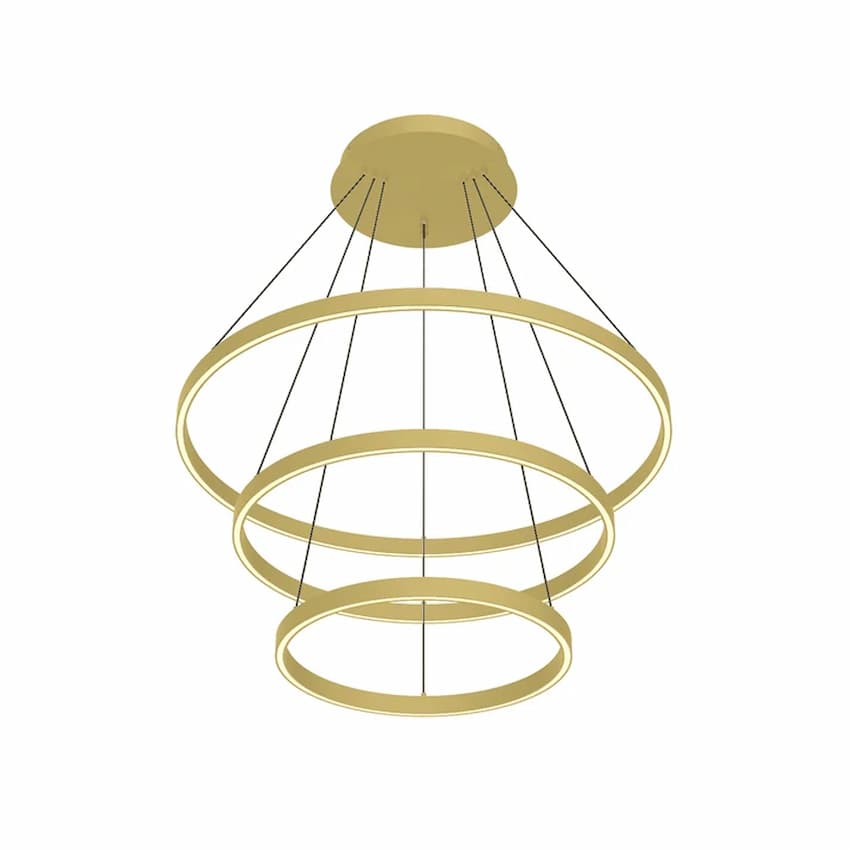 Kuzco CH87932 Cerchio chandelier featuring three suspended aluminum rings, rectangular profiles and frosted silicone diffusers