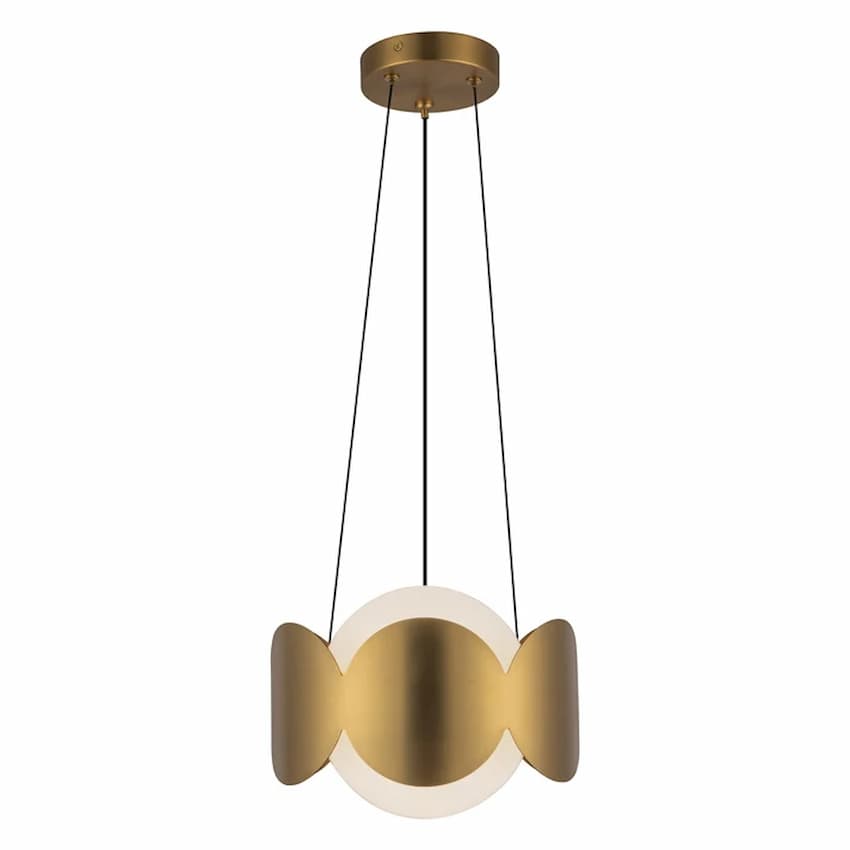 Kuzco CH59810 Ciel chandelier featuring a glowing matte opal glass globe surrounded by a decorative punched metal ring