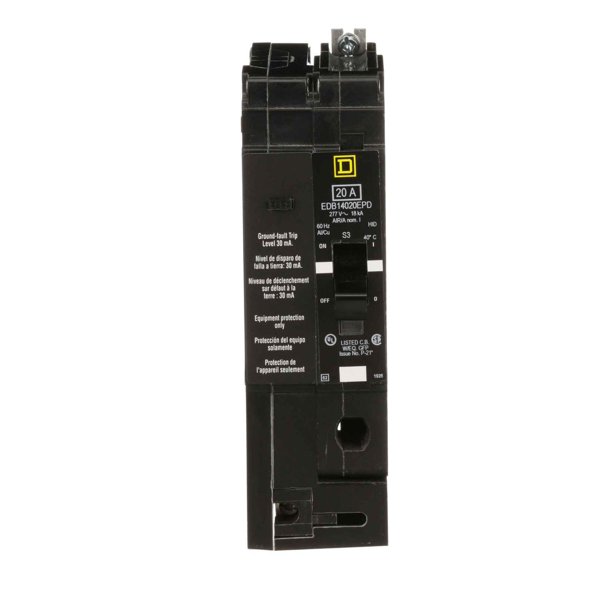 Square D 20A 1P 277V E-Frame Bolt-On GFCI Circuit Breaker, 18kAIC, Thermal Magnetic Trip, cULus IEC