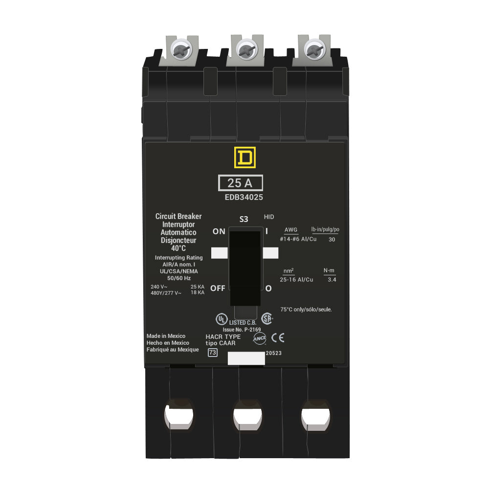 Schneider Electric (Square D) 3-Pole 25 A 480Y/277 V AC Bolt-On Circuit Breaker, Type EDB