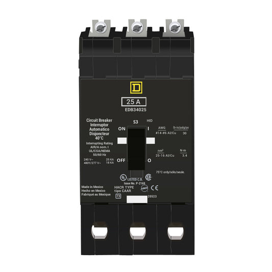 Schneider Electric (Square D) 3-Pole 25 A 480Y/277 V AC Bolt-On Circuit Breaker, Type EDB