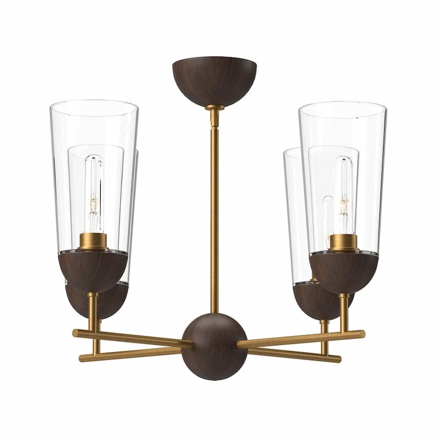 Alora Mood Emil CH542324 Chandelier, Close-Up View of Clear Glass Shades, Wood Finish and Luxe Metallic Details