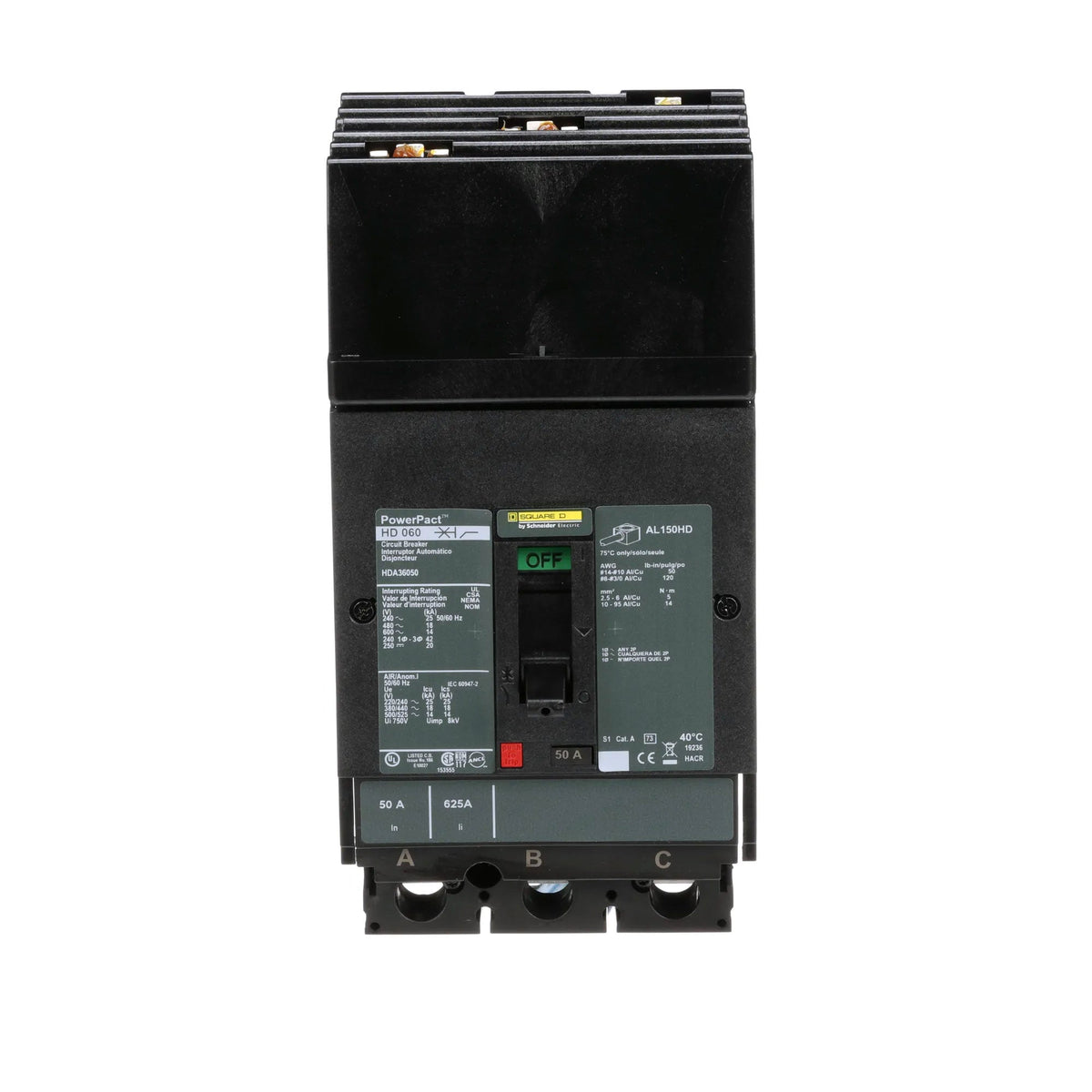 Square D 50A 600V 3-Pole PowerPact H Circuit Breaker I-Line Thermal Magnetic