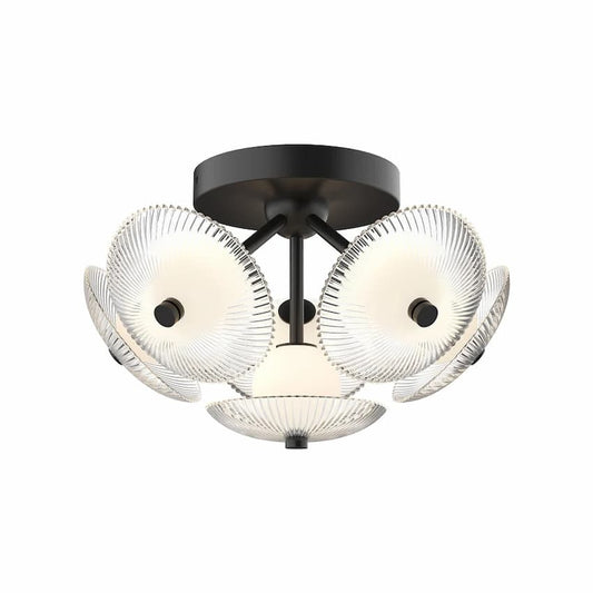 Alora Mood Hera FM417606MBCR 16-Inch LED Flush Mount in Matte Black with Clear Ribbed Glass and Matte Opal Glass
