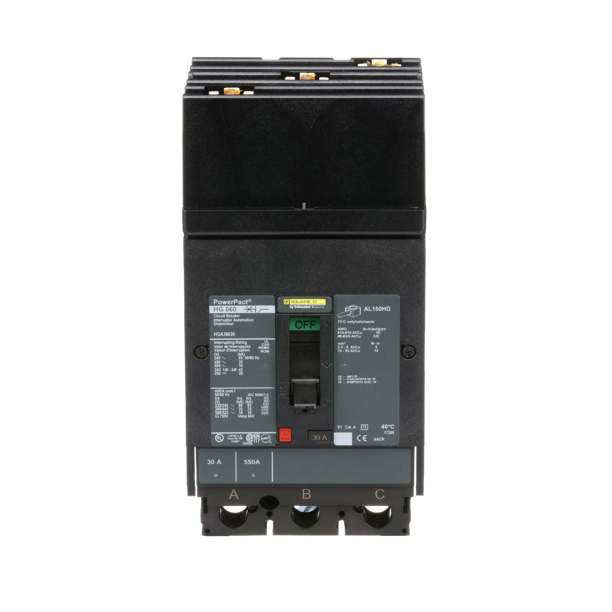 Square D PowerPacT H 30A 3 Pole 600/690VAC 35kAIC I-Line Plug-In Molded Case Circuit Breaker, Thermal Magnetic Trip, UL/CSA/CE/NEMA/IEC/NOM Certified