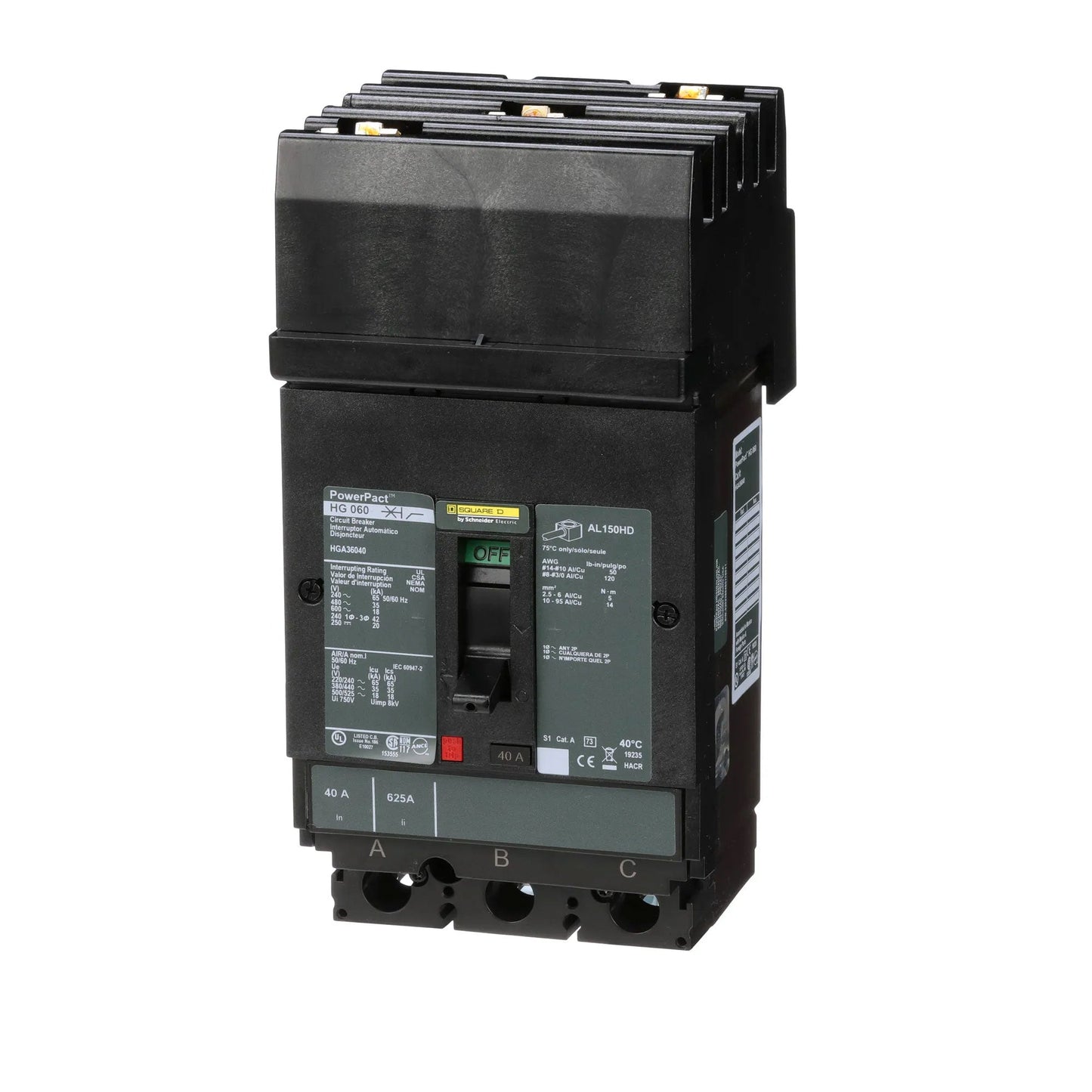 Square D 40 Amp 3 Pole 600VAC Molded Case Circuit Breaker PowerPact H Frame