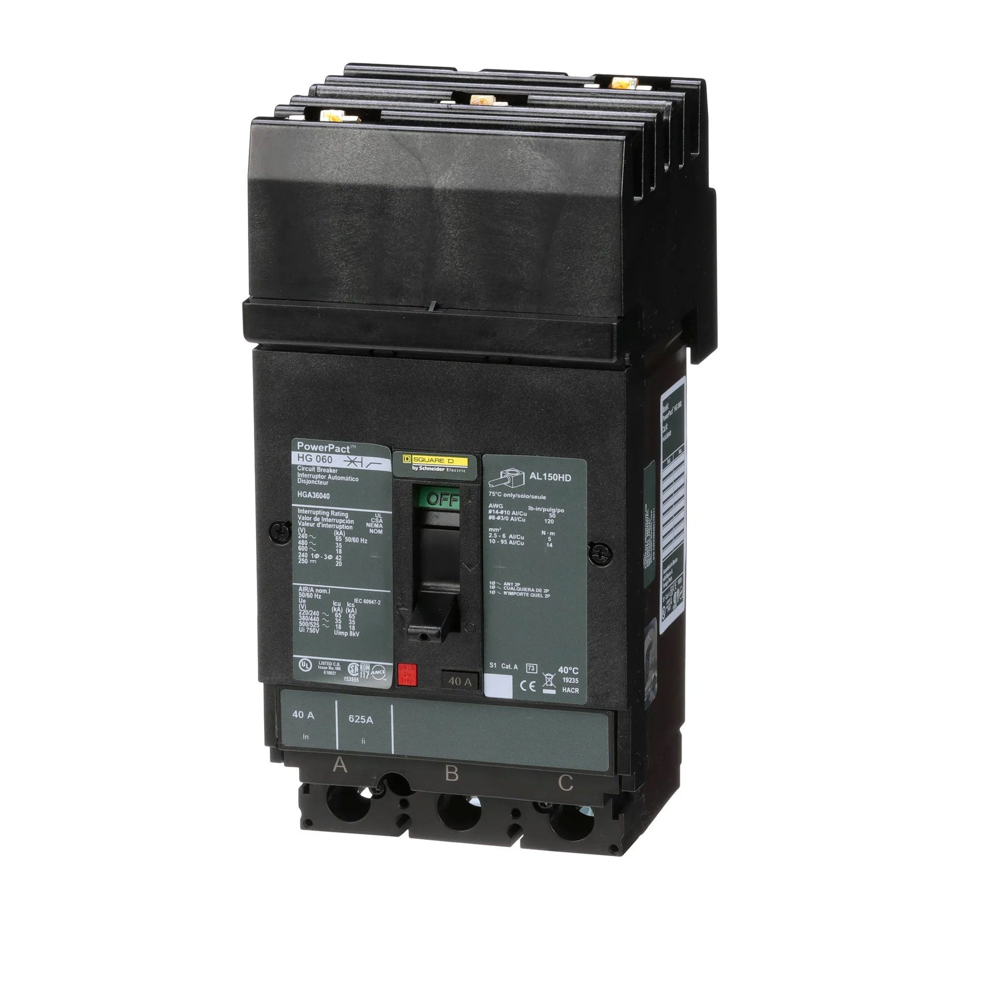 Square D 40 Amp 3 Pole 600VAC Molded Case Circuit Breaker PowerPact H Frame