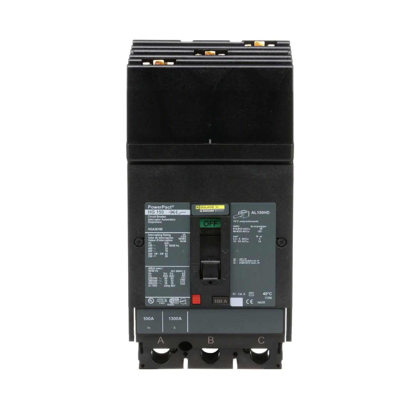 Square D PowerPacT HGA 100A 3P 600V Molded Case Circuit Breaker, I-Line Mount, 18kA Interrupt, Thermal Magnetic Trip, UL 489 Listed