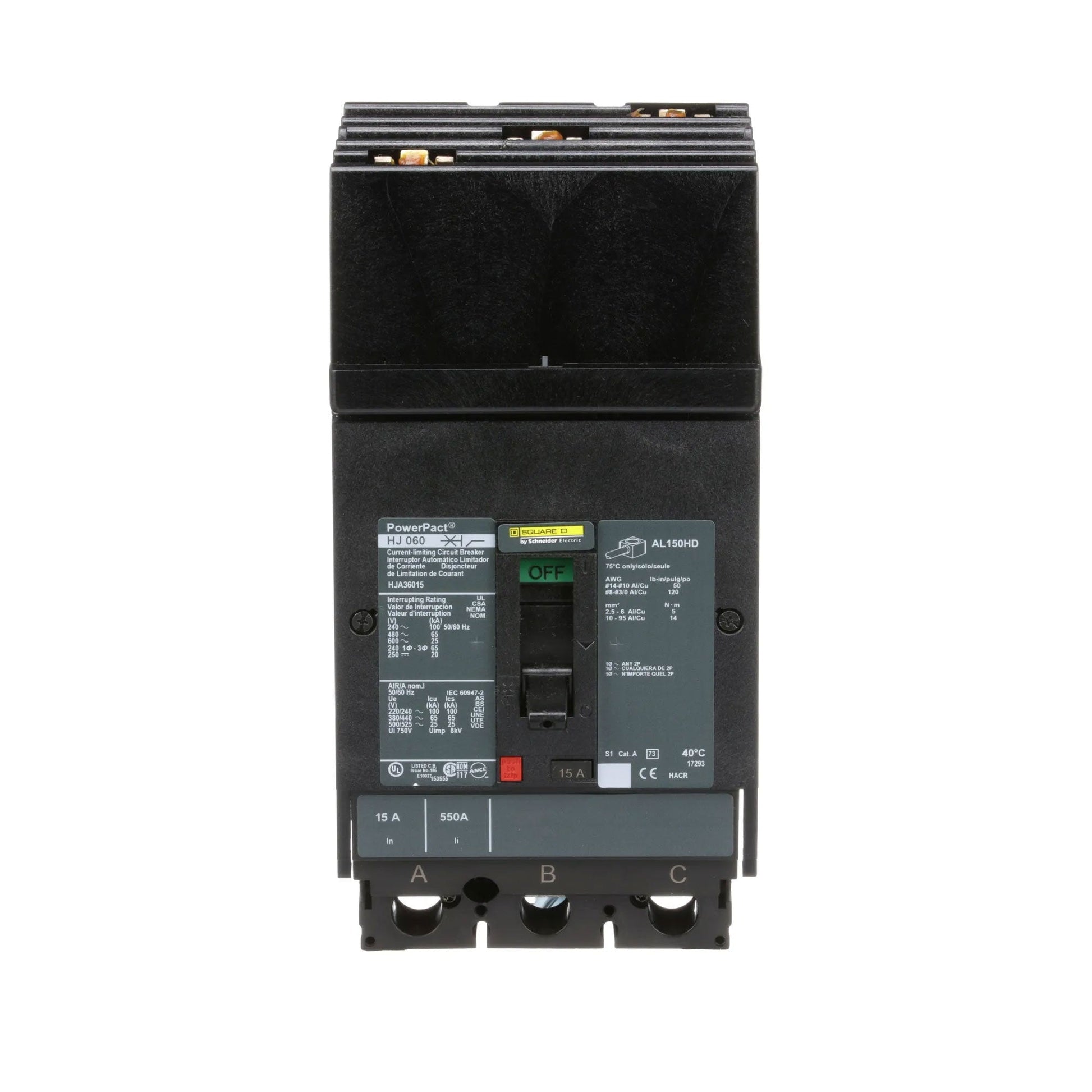 Schneider Electric (Square D) 3-Pole 15 A 600 V AC I-Line Circuit Breaker, PowerPact HJA