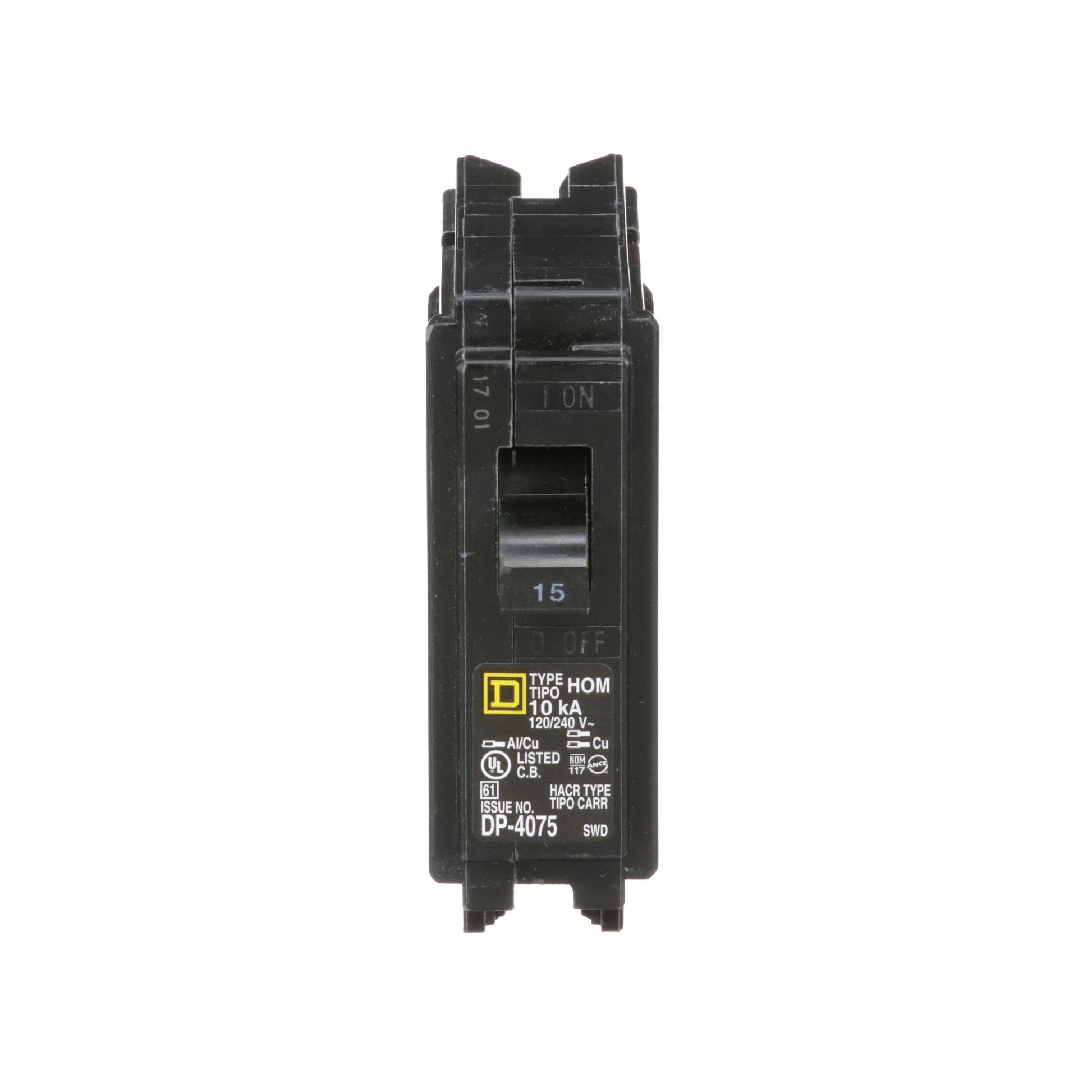 Square D 15 Amp 1 Pole 120/240VAC Miniature Circuit Breaker Plug-In 10kA Interrupt Rating