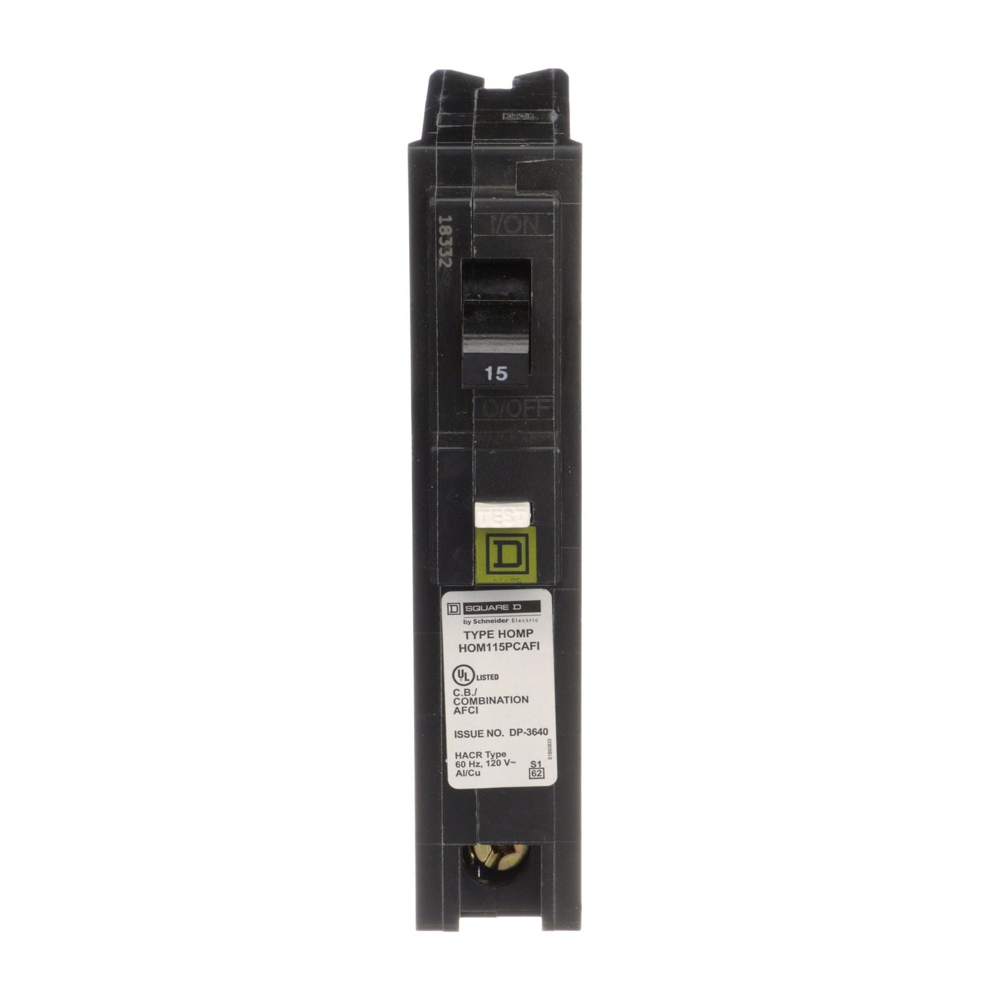 Square D Homeline 15 Amp 1 Pole 120V Plug-On Neutral Combination Arc Fault Circuit Breaker, 10kA Interrupt, HOM Series, UL Listed