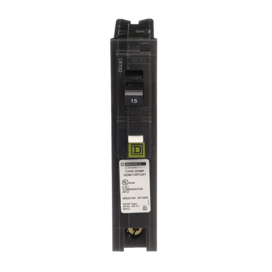 Square D Homeline 15 Amp 1 Pole 120V Plug-On Neutral Combination Arc Fault Circuit Breaker, 10kA Interrupt, HOM Series, UL Listed