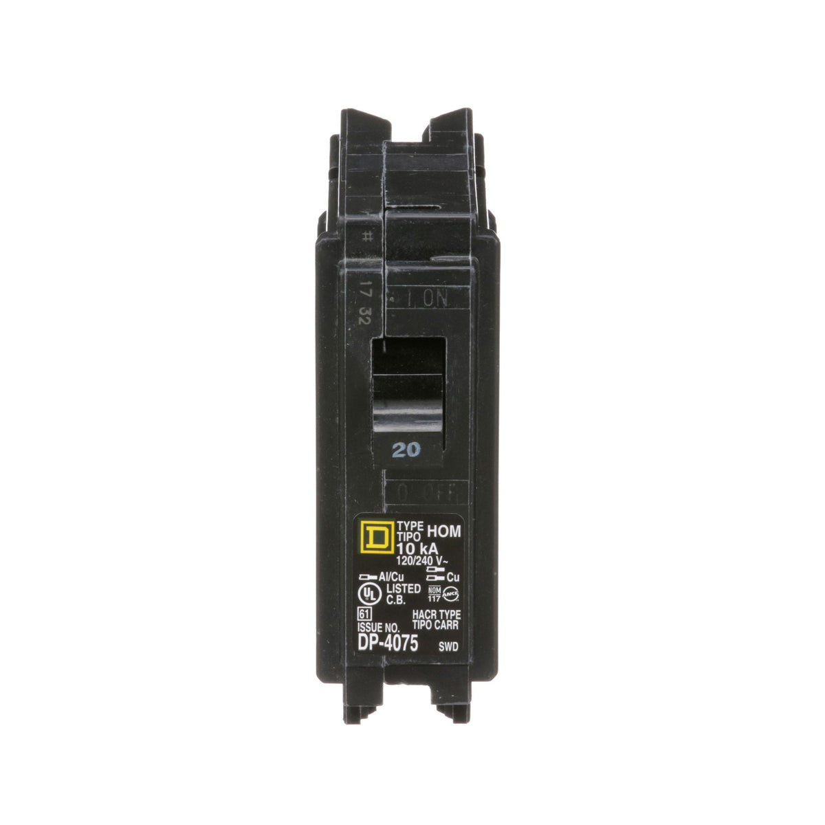 Square D 20 Amp 1 Pole 120/240 VAC Homeline Miniature Circuit Breaker Plug-In 10kA Interrupt