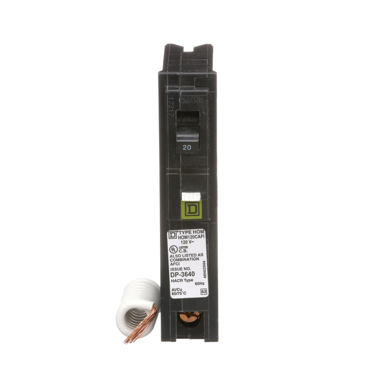 Square D Homeline 20A 1 Pole Combination Arc Fault Circuit Breaker 120VAC Plug-In 10kAIC
