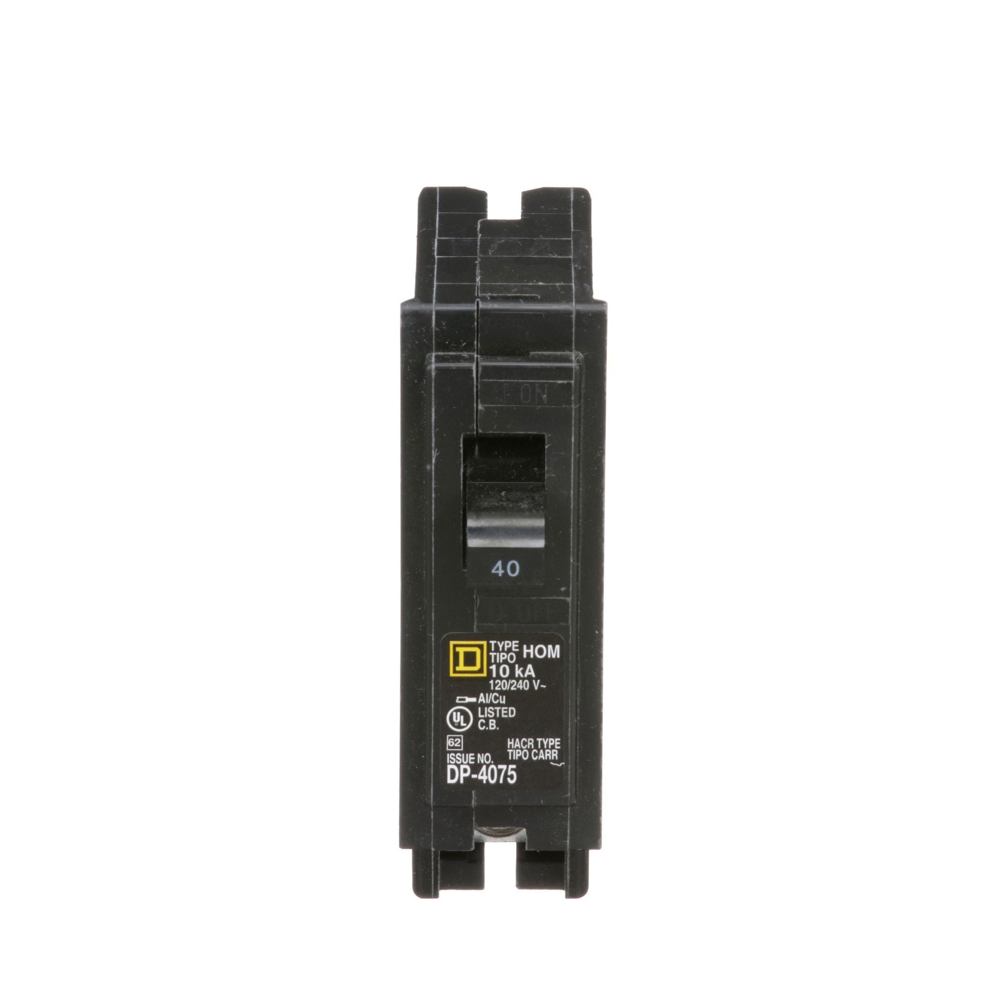 Square D Homeline 40A 1-Pole 120/240VAC Plug-In Miniature Circuit Breaker, 10kA Interrupt, Standard Type, HOM Series
