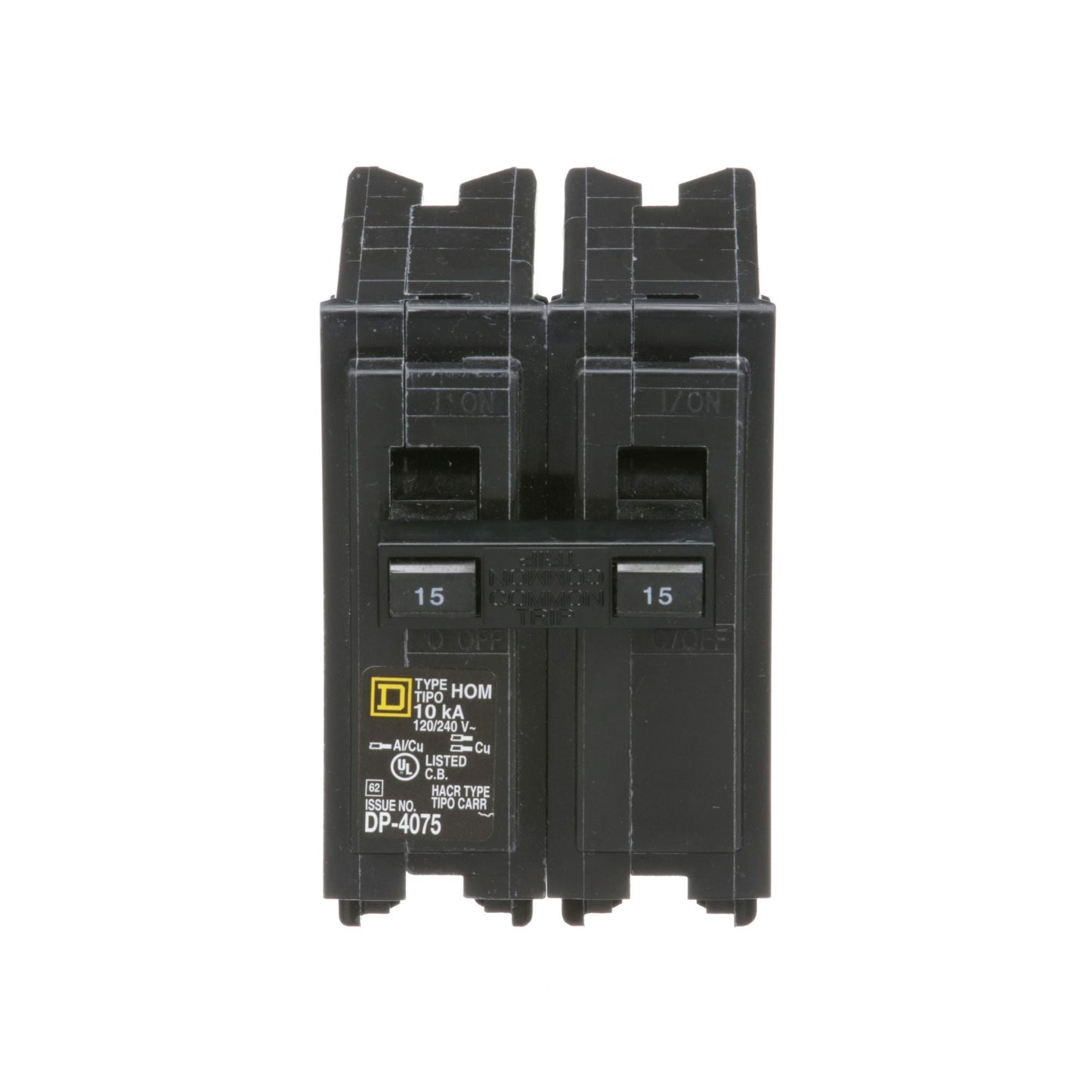 Square D Homeline 15A 2-Pole Plug-In Circuit Breaker, 120/240VAC, 10kA Interrupt, UL Listed, HACR, Standard Trip