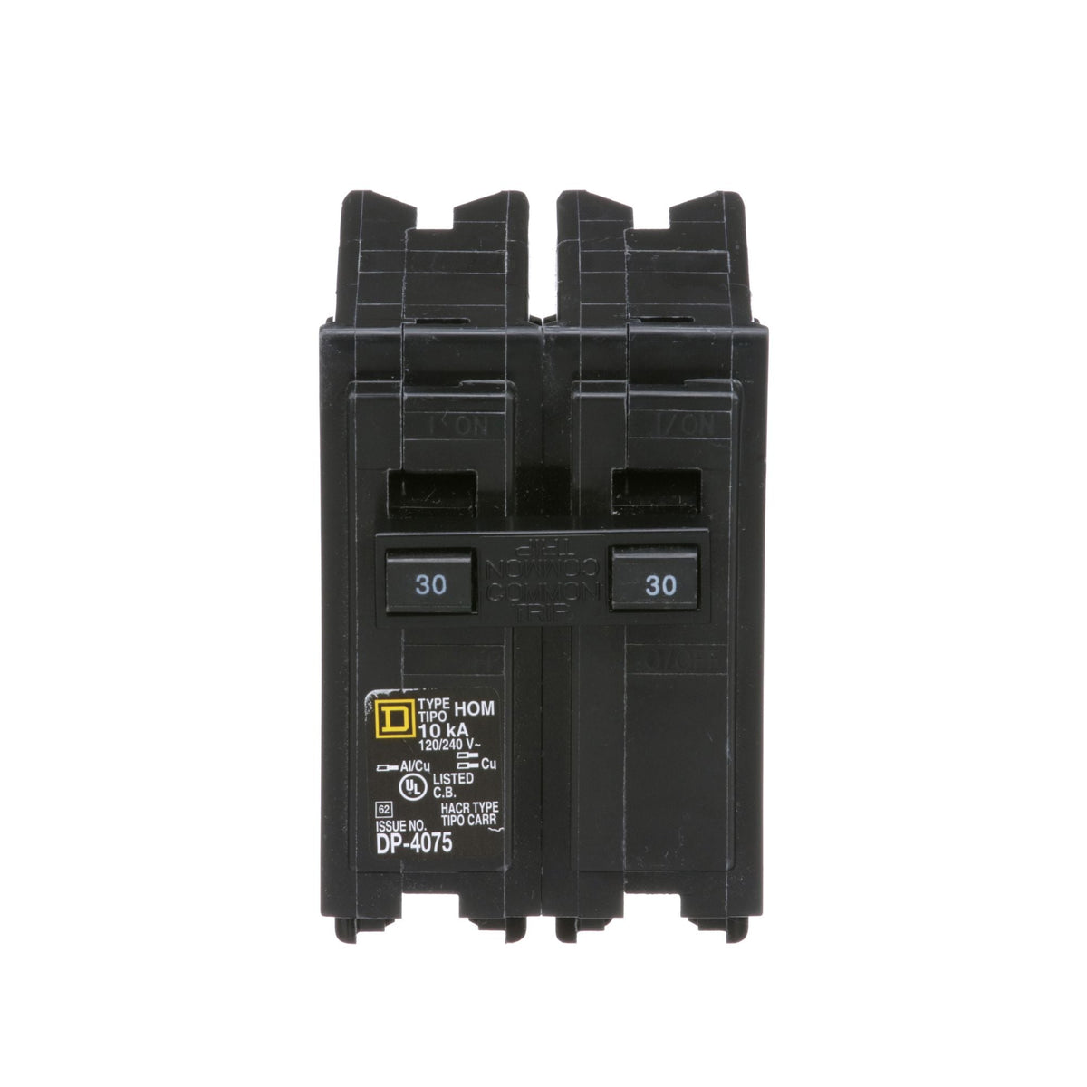 Square D Homeline 30 Amp 2 Pole 120/240V Plug-In Circuit Breaker, 10kA Interrupt, Thermal Magnetic Trip, UL Listed, HACR