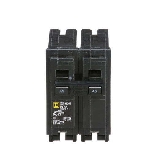 Square D Homeline 45 Amp 2 Pole Mini Plug-On Circuit Breaker, 120/240VAC, 10kA Interrupt, UL Listed