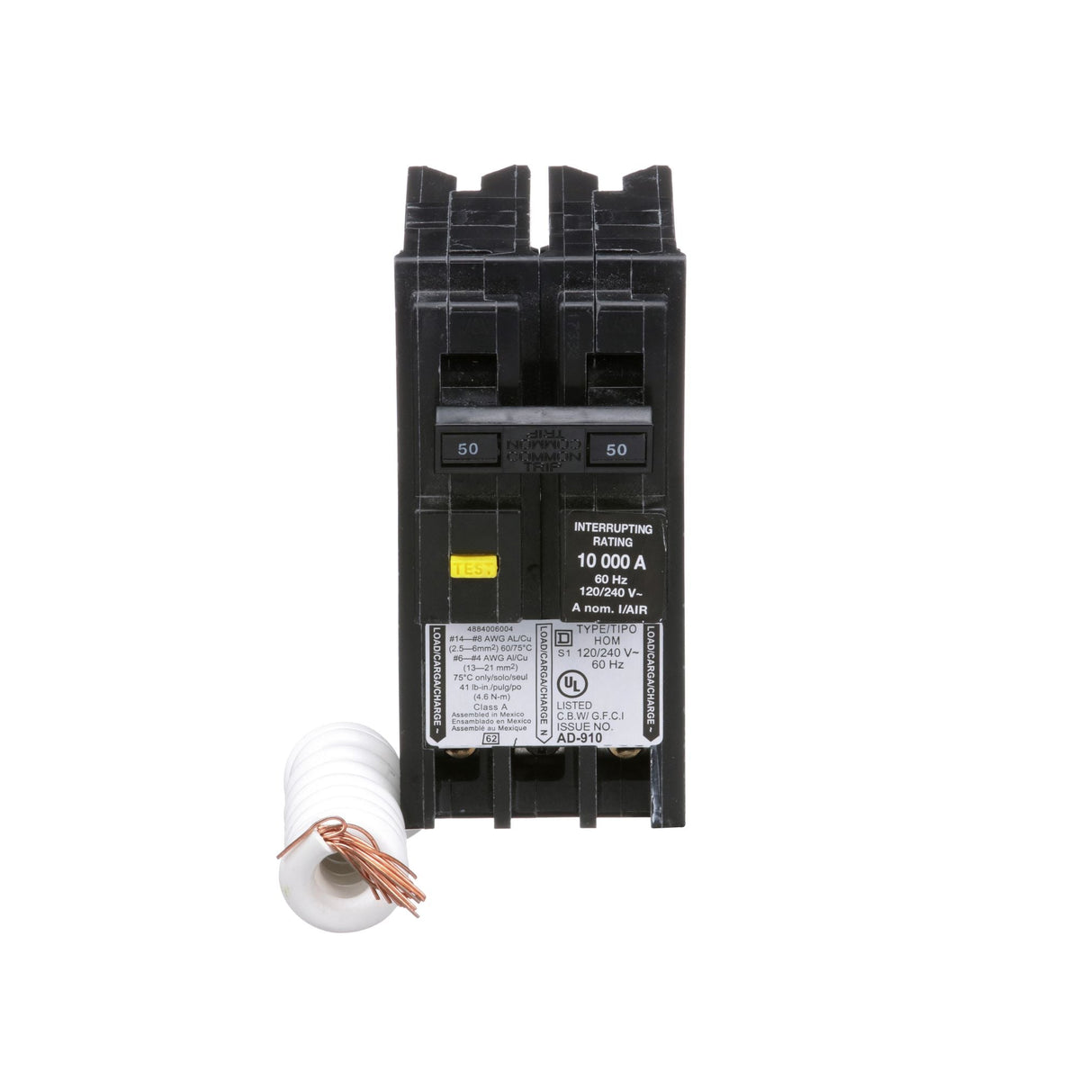 Square D 50 Amp 2 Pole 120/240VAC Homeline GFCI Circuit Breaker Plug-In 10kAIC