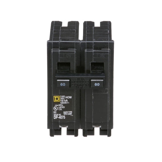 Square D Homeline 60 Amp 2 Pole 120/240VAC Plug-In Circuit Breaker, 10kA Interrupt, Standard Trip, UL Listed