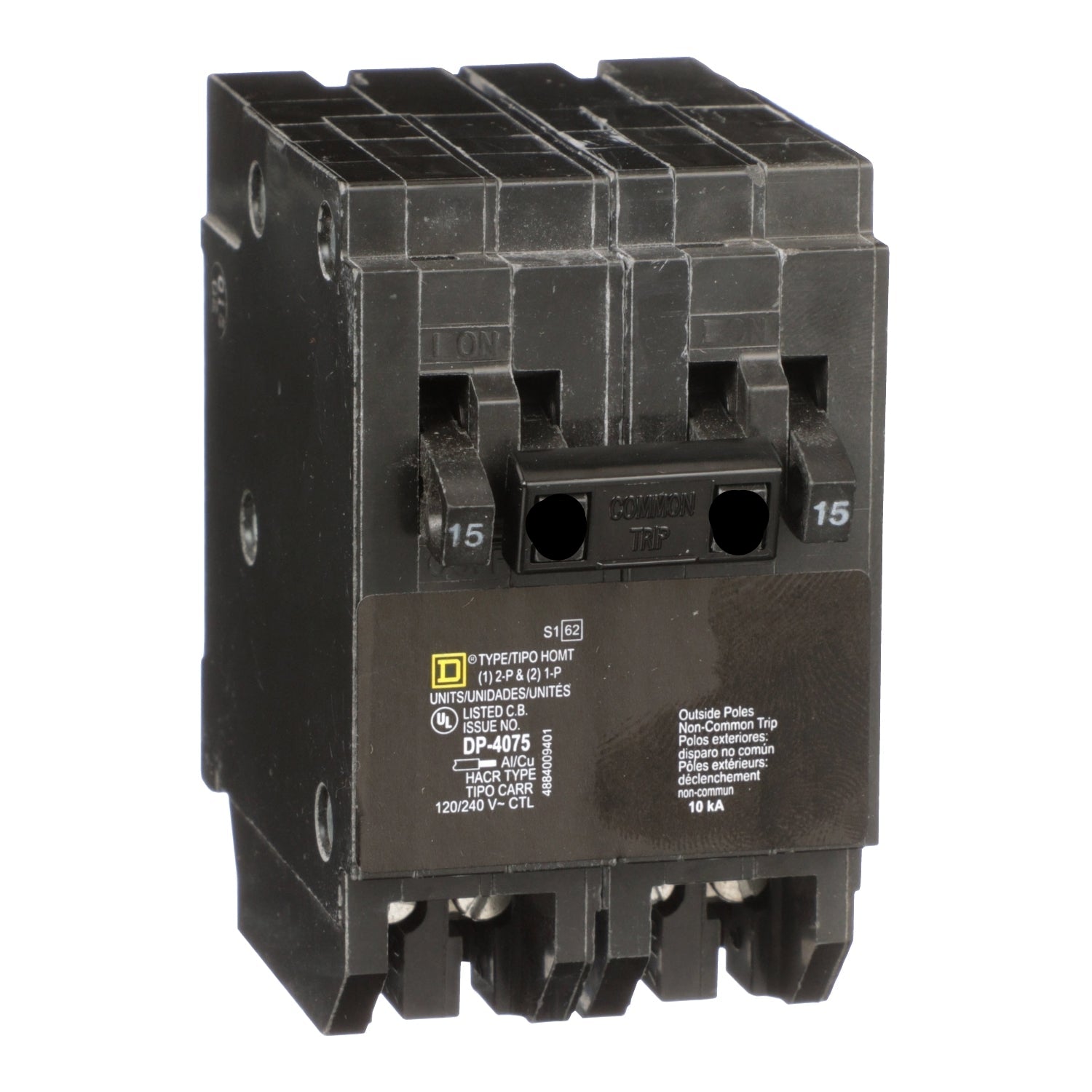 Square D Homeline Quad Tandem Circuit Breaker, 2 x 15A 1P + 1 x 25A 2P, 120/240V, 10kA Interrupt, Plug-In Mount, Miniature Frame