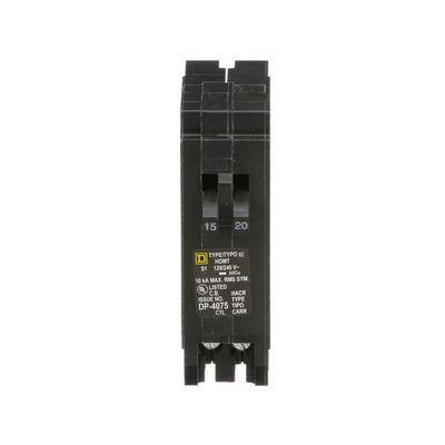 Square D Homeline 15A/20A 1-Pole Tandem Plug-In Circuit Breaker, 120/240V, 10kA Interrupt, Thermal Magnetic Trip, UL Listed
