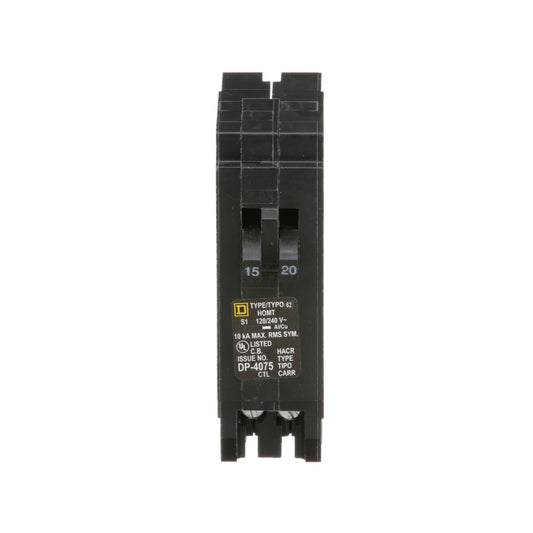 Square D Homeline 15A/20A 1-Pole Tandem Plug-In Circuit Breaker, 120/240V, 10kA Interrupt, Thermal Magnetic Trip, UL Listed