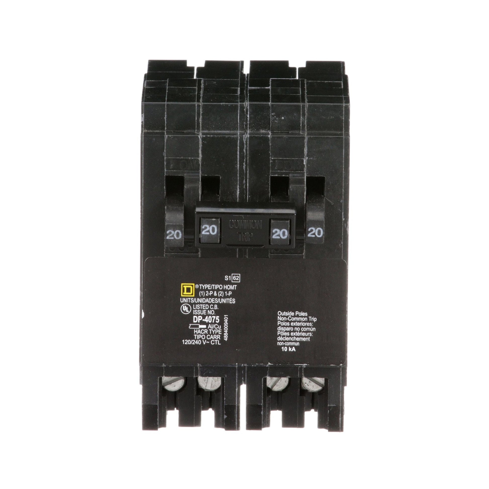 Square D Homeline Quad Tandem Circuit Breaker, 2 Pole 20A, 1 Pole 20/20A, 120/240V, 10kA, Plug-In, UL Listed, CSA Certified