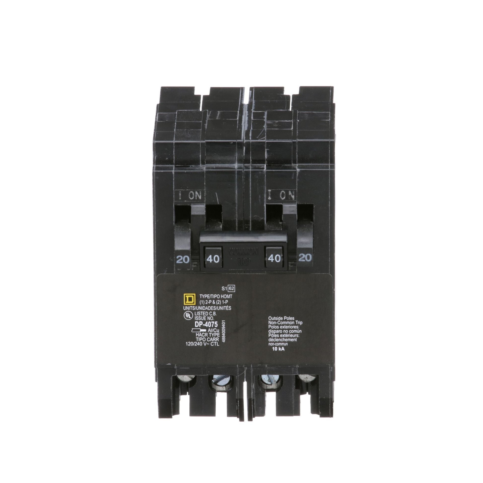 Square D Homeline Quad Tandem Circuit Breaker, 2-Pole 40A, 2 x 1-Pole 20A, 120/240V, 10kA, Plug-In, HOMT Series, Thermal Magnetic Trip, UL Listed