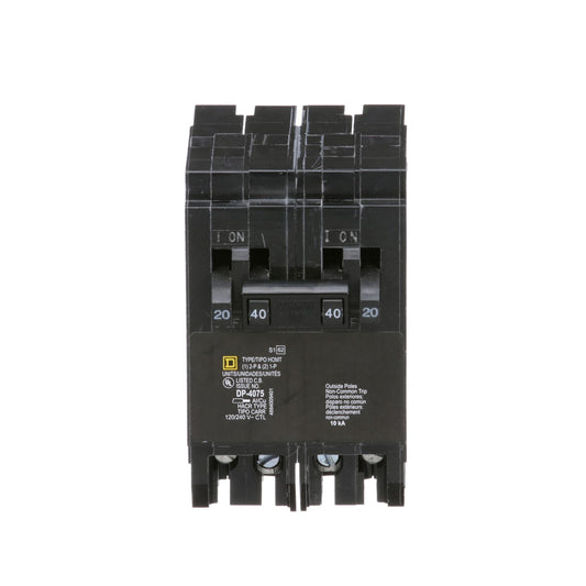 Square D Homeline Quad Tandem Circuit Breaker, 2-Pole 40A, 2 x 1-Pole 20A, 120/240V, 10kA, Plug-In, HOMT Series, Thermal Magnetic Trip, UL Listed