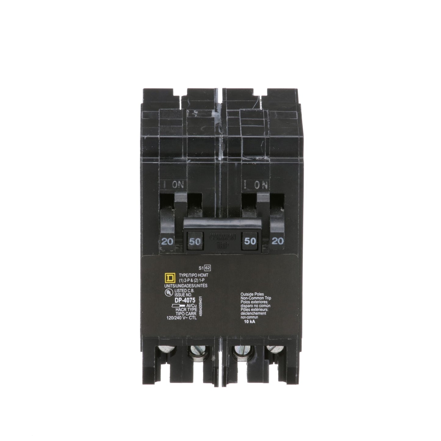 Square D Homeline Quad Tandem Circuit Breaker, 2-Pole 50A, 2x 1-Pole 20A, 120/240V, 10kA, Plug-In Mount, Thermal Magnetic Trip, UL Listed