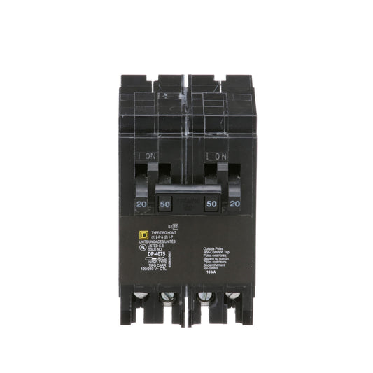 Square D Homeline Quad Tandem Circuit Breaker, 2-Pole 50A, 2x 1-Pole 20A, 120/240V, 10kA, Plug-In Mount, Thermal Magnetic Trip, UL Listed